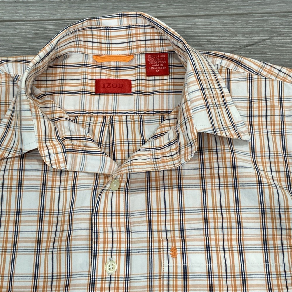 IZOD Short Sleeve Button-Down Shirt‎ Mens Size M Plaid Orange Navy White Logo